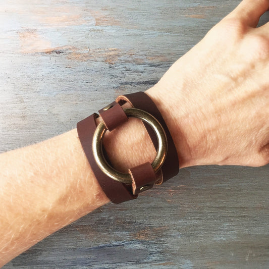 Bold Leather and Brass Bracelet, Leather Bracelet for Women, Leather Wrap Cuff, Leather Jewelry for Women,  Anniversary Gift