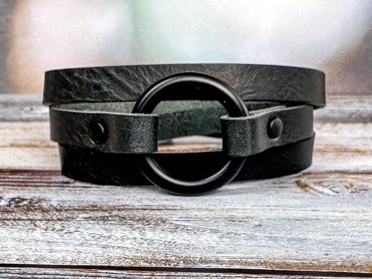 Boho Leather Wrap Bracelet Hoop Cuff Black Leather Handmade Jewelry Personalized Gift for Her Him