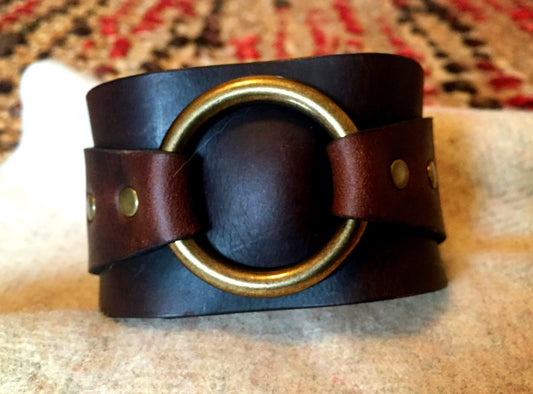 Dark Brown Chromexcel Horween Leather Cuff w/ Antique Brass O-Ring