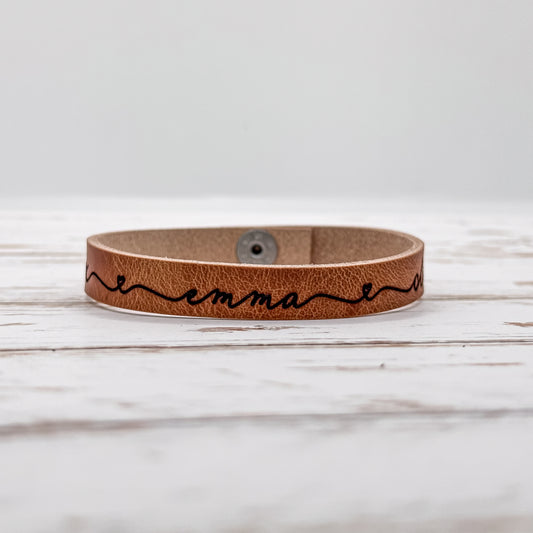Engraved Love Leather Bracelet: Minimalist Personalized Heart Cuff Jewelry