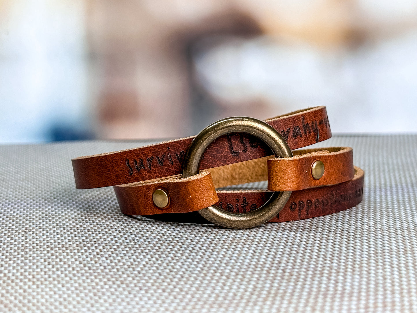 Personalized Leather Wrap Bracelet - Engraved Multi Strap Boho Hoop Cuff for Women + Men