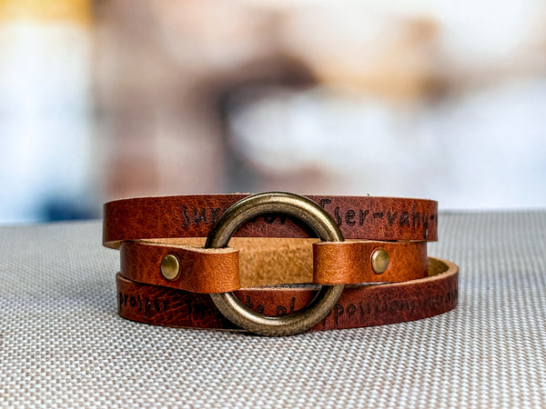 Personalized Leather Wrap Bracelet - Engraved Multi Strap Boho Hoop Cuff for Women + Men