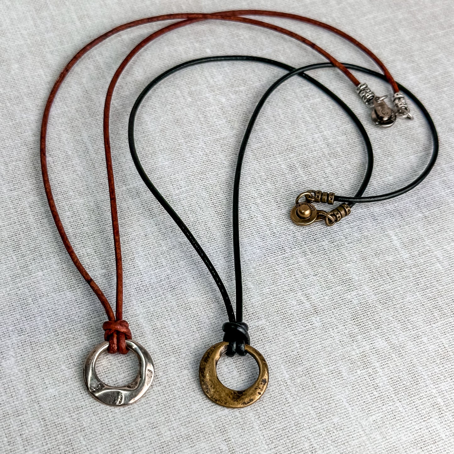 Leather Cord Pendant Necklace: Modern Hammered Silver Focal