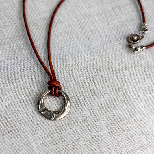 Leather Cord Pendant Necklace: Modern Hammered Silver Focal