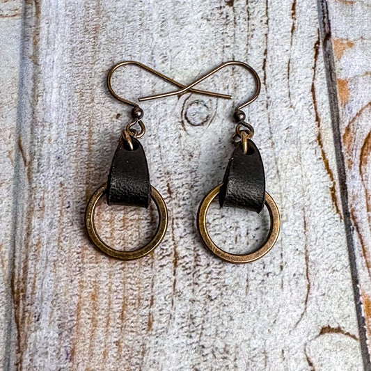 Mini Distressed Leather and Antique Brass Circle Geometric Earrings | Personalised Jewelry for Women