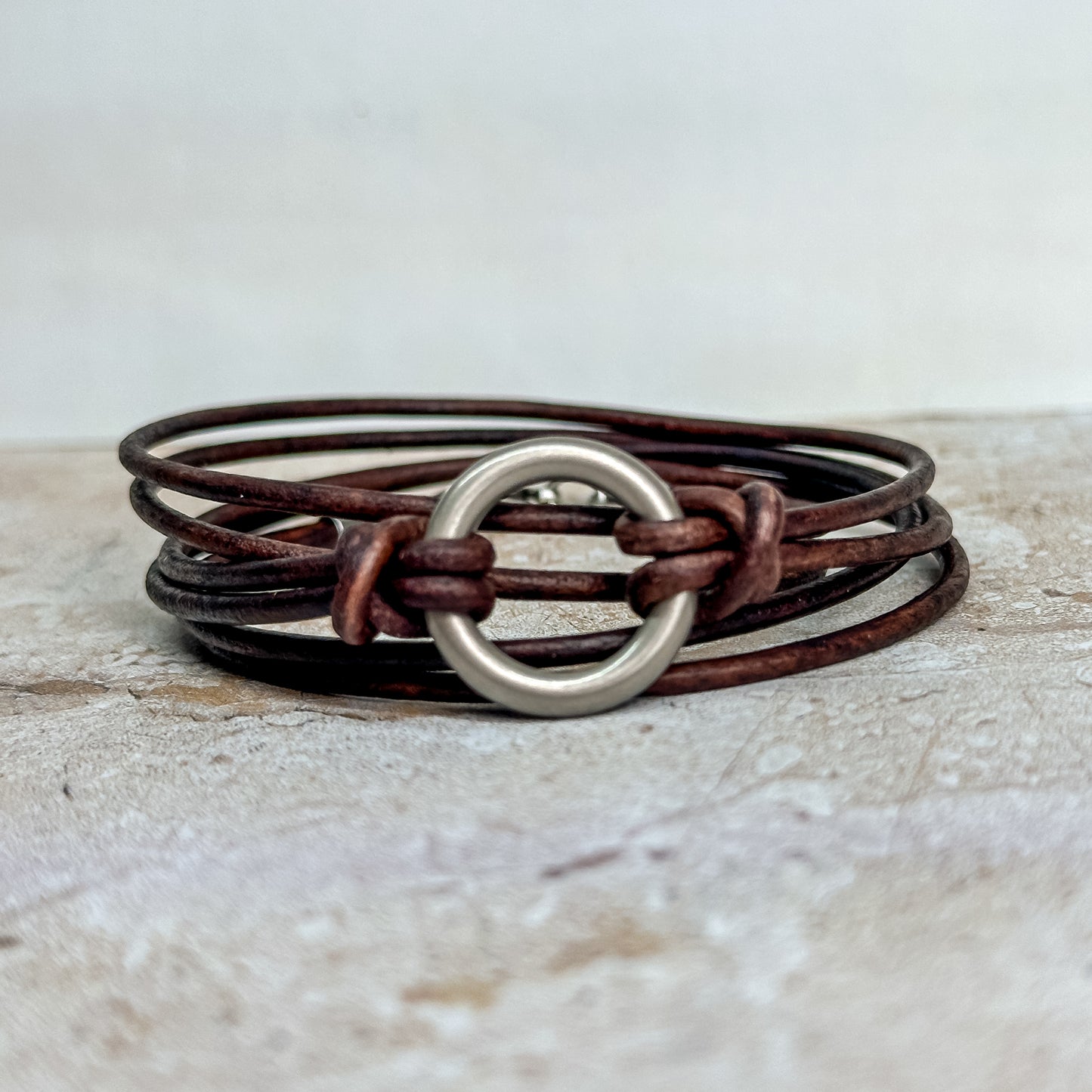 Leather Triple Wrap Bracelet: Minimalist 2mm Cord + Petite Ring Custom Cuff