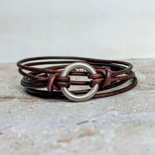 Leather Triple Wrap Bracelet: Minimalist 2mm Cord + Petite Ring Custom Cuff