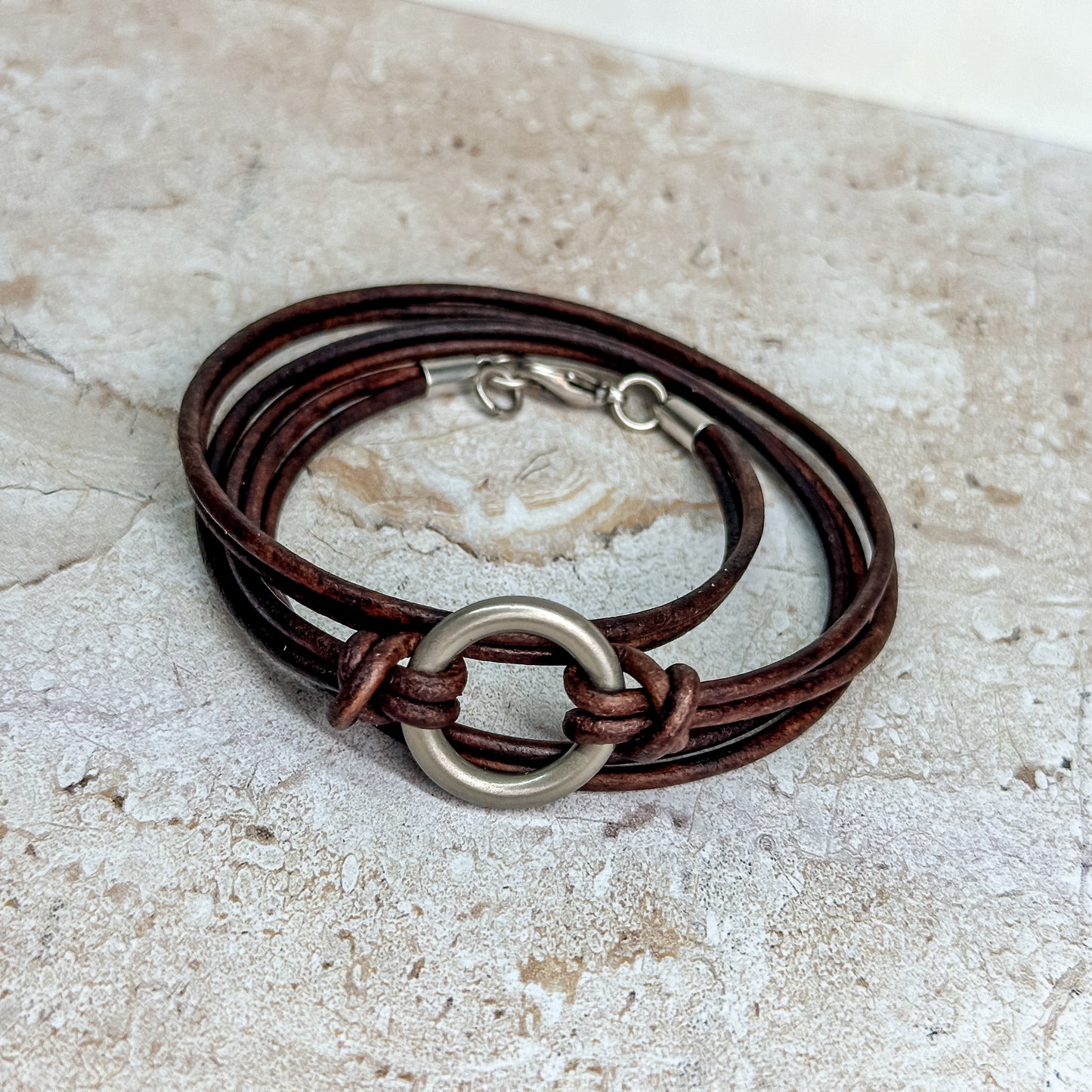 Leather Triple Wrap Bracelet: Minimalist 2mm Cord + Petite Ring Custom Cuff