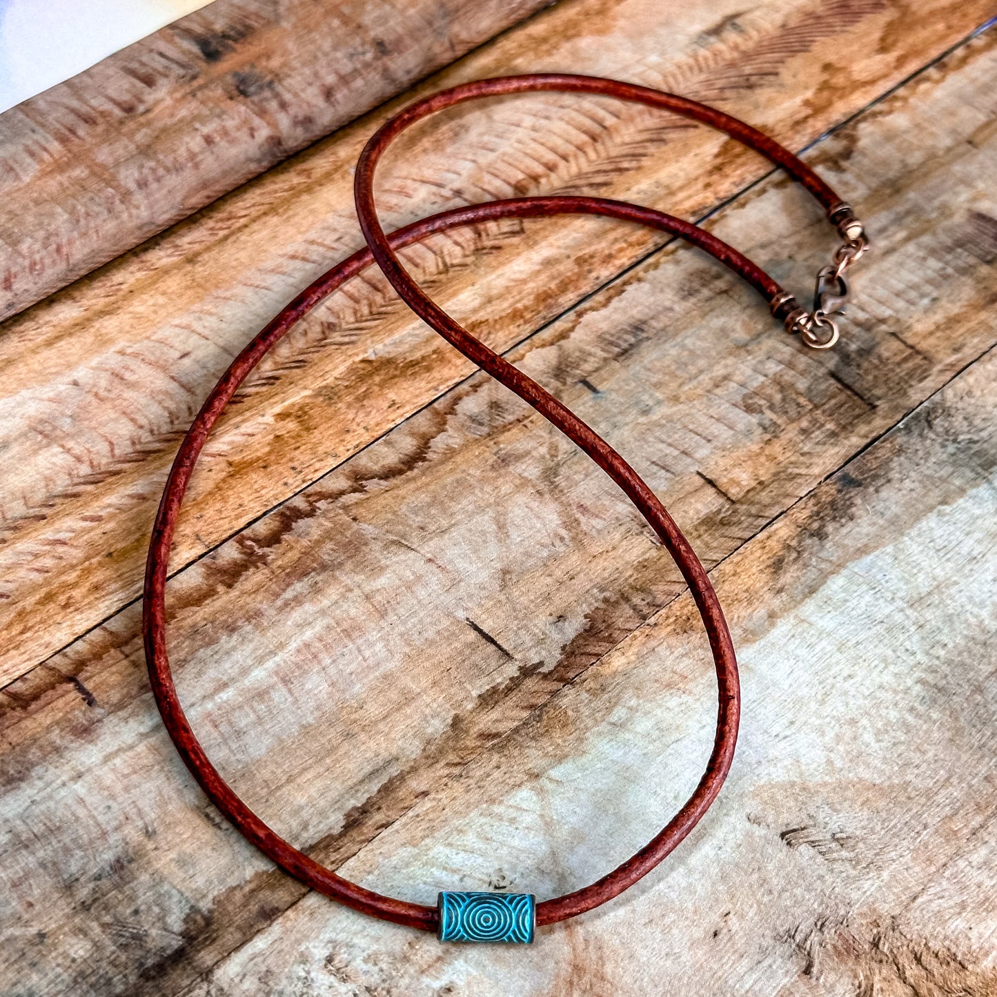 Minimalist Leather Cord Necklace: Copper or Silver Tube Pendant Jewelry for Women or Men