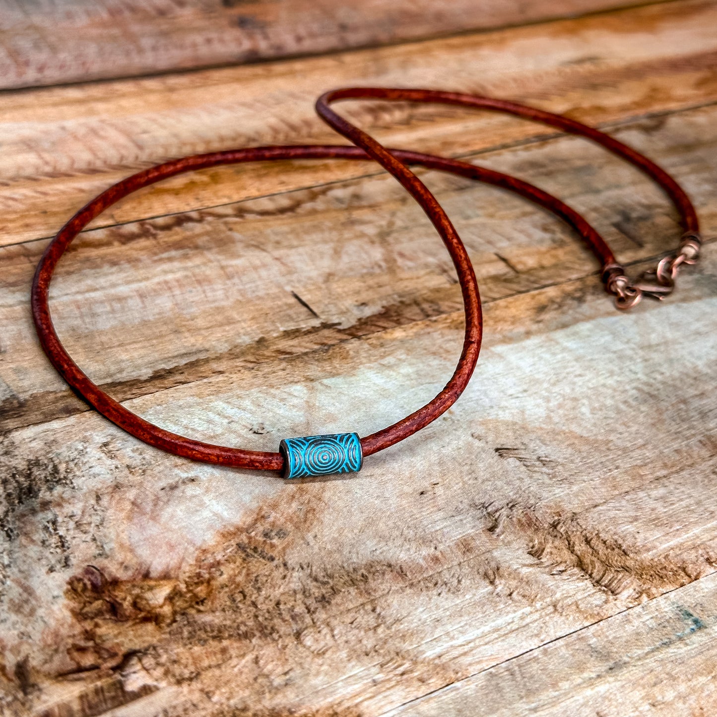 Minimalist Leather Cord Necklace: Copper or Silver Tube Pendant Jewelry for Women or Men
