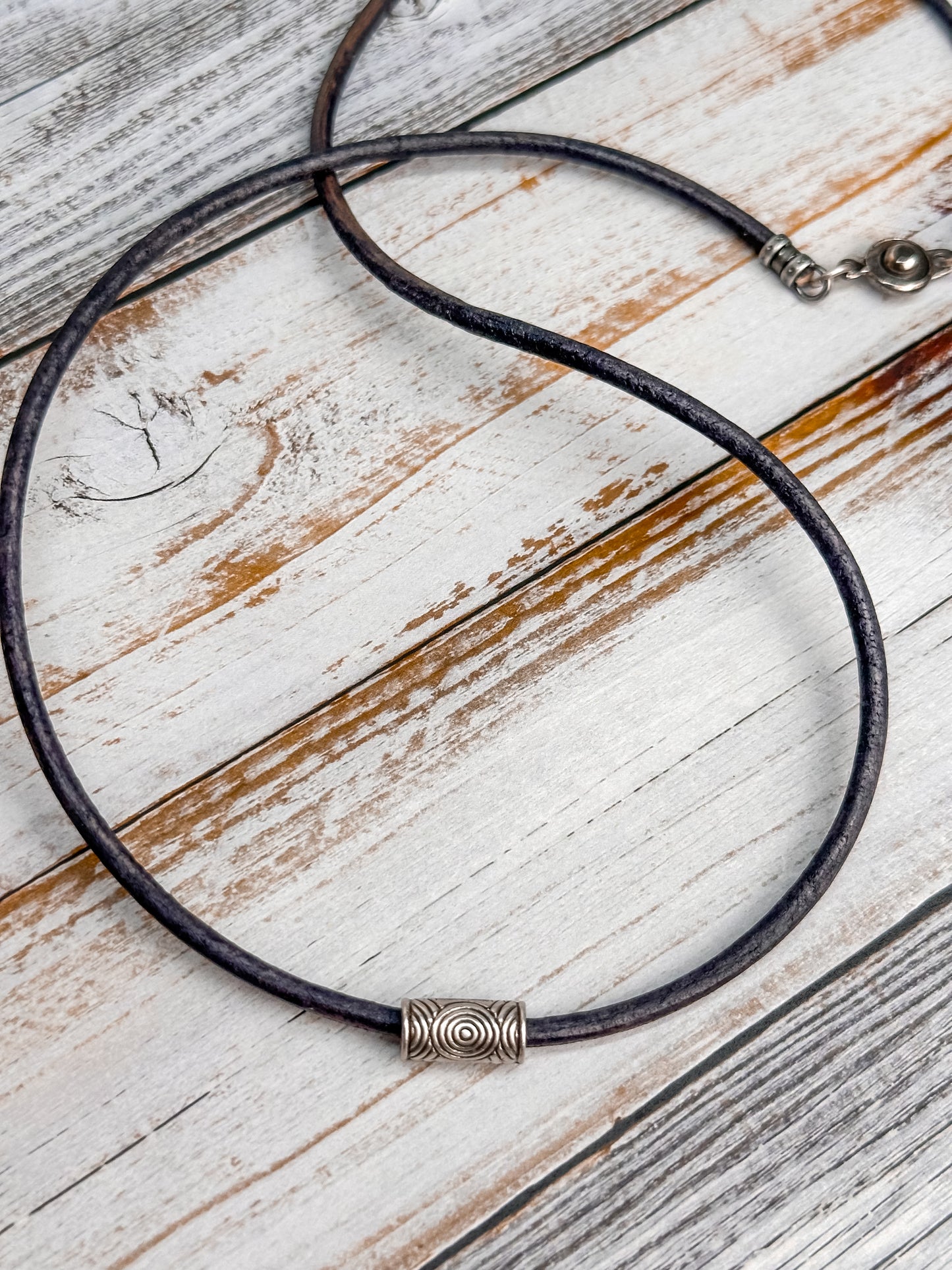Minimalist Leather Cord Necklace: Copper or Silver Tube Pendant Jewelry for Women or Men