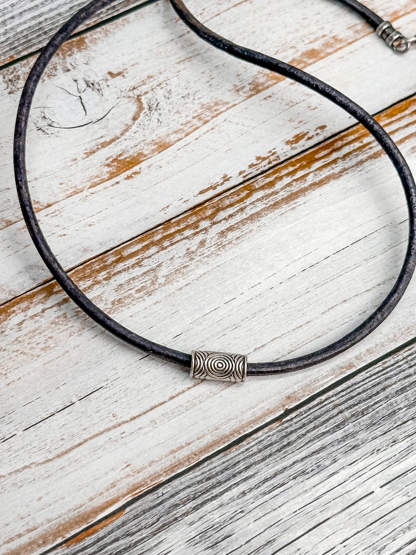 Minimalist Leather Cord Necklace: Copper or Silver Tube Pendant Jewelry for Women or Men