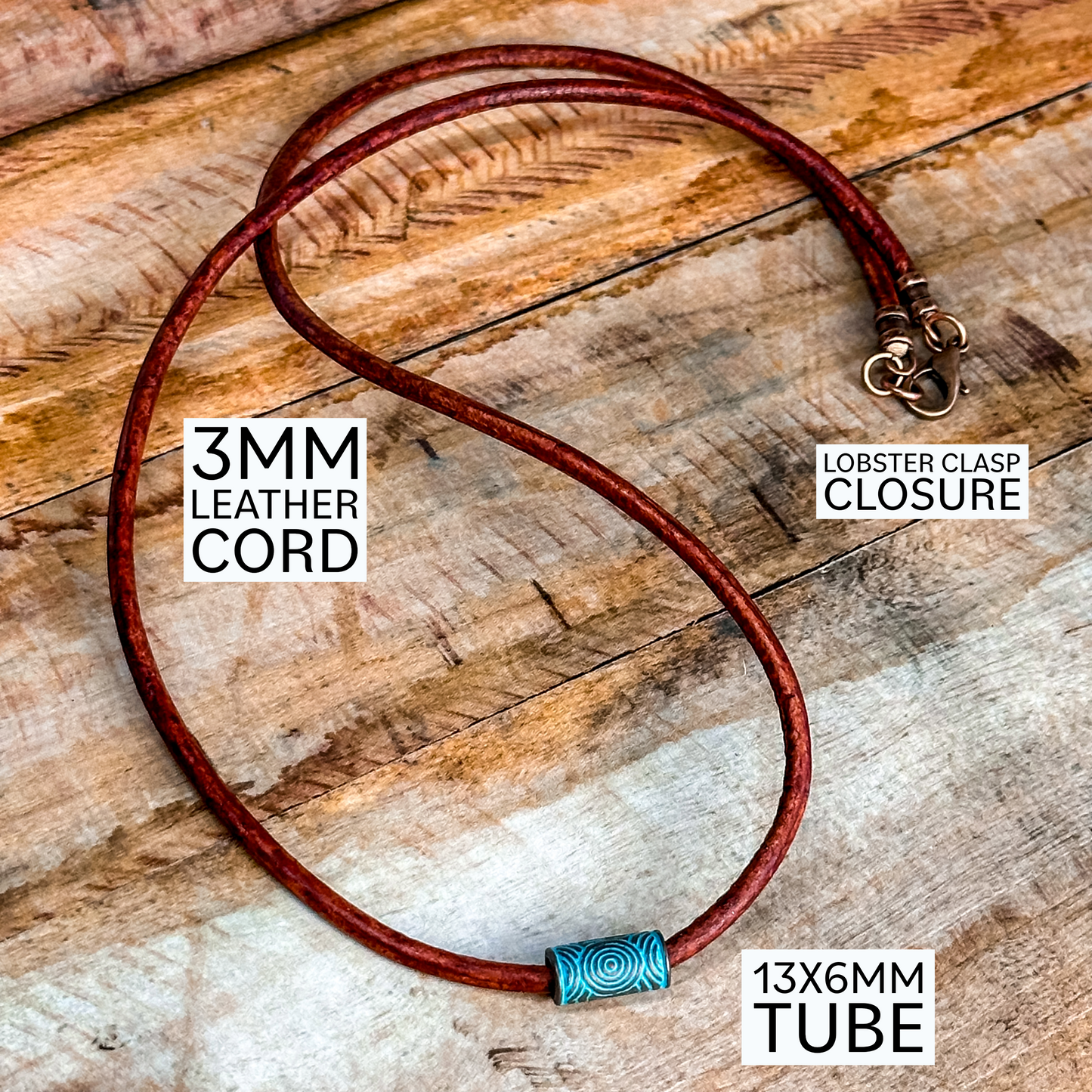 Minimalist Leather Cord Necklace: Copper or Silver Tube Pendant Jewelry for Women or Men