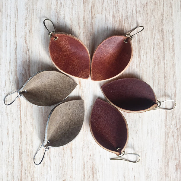 Leather leaf earrings, Minimalist earrings, Boho earrings, Leather earrings