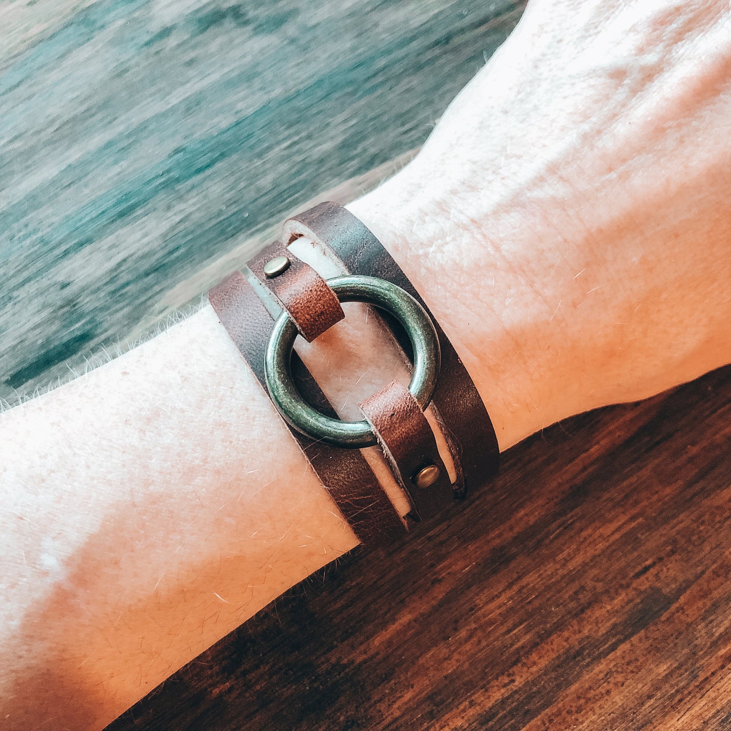 Womens Leather Bracelet Wrap | Skinny Boho Hoop Cuff | Chestnut + Antique Brass | Handmade Jewelry Personalized Gift For Her