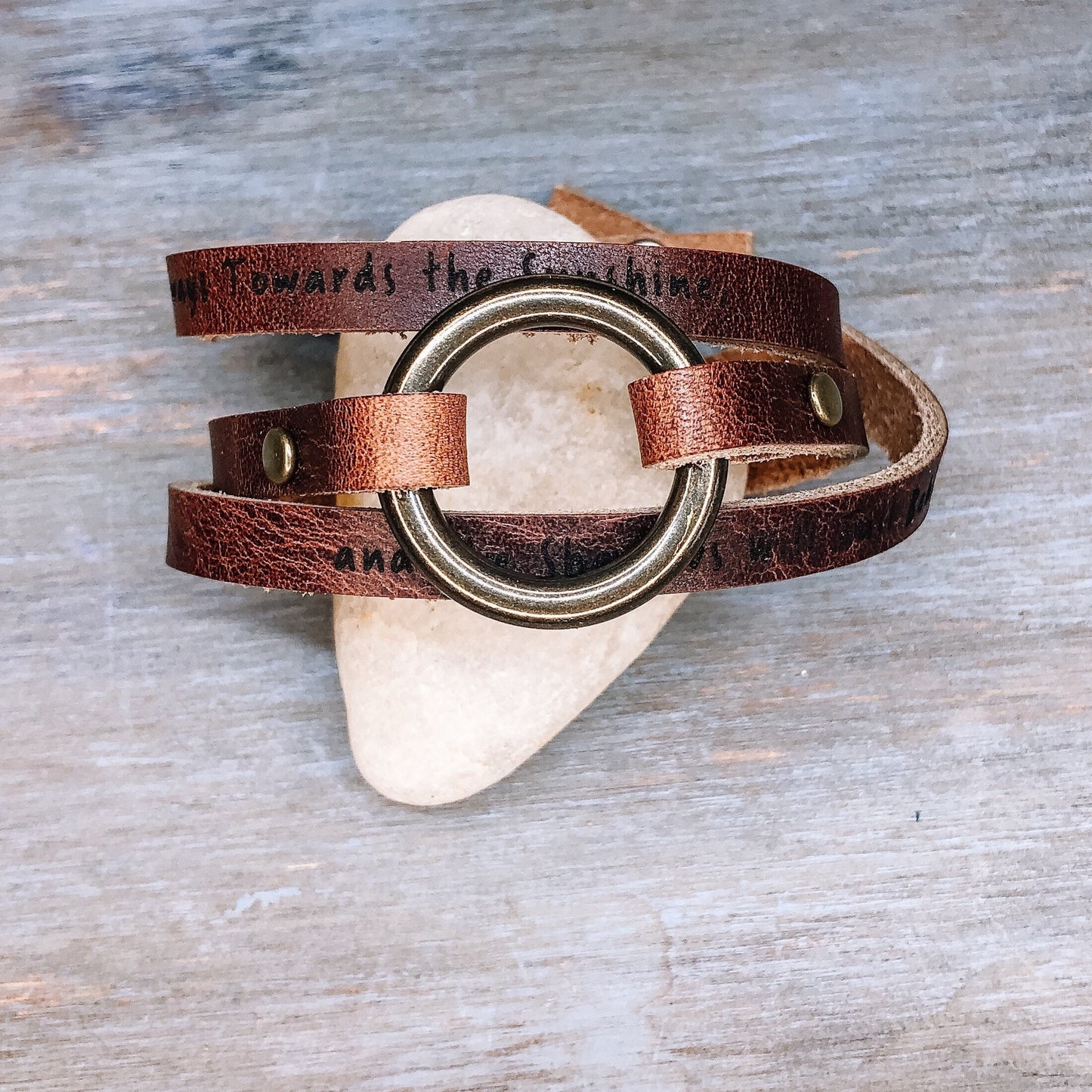 Personalized Leather Wrap Bracelet - Engraved Multi Strap Boho Hoop Cuff for Women + Men
