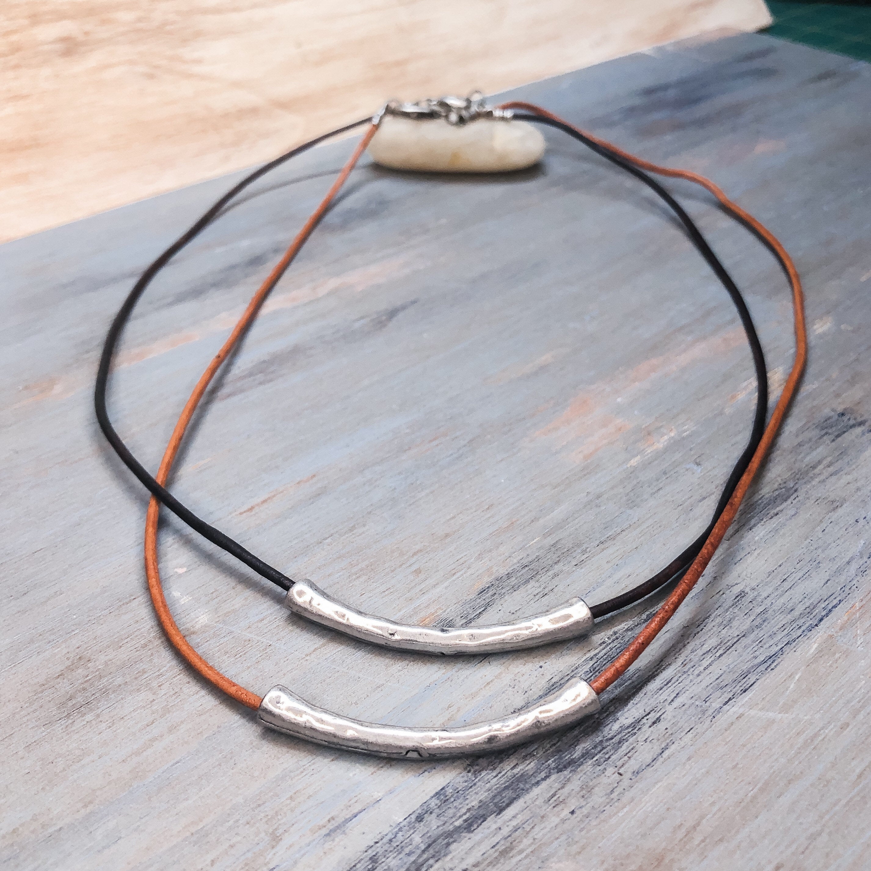 Sterling Silver Bit / Mantel and Natural Leather Cord Choker