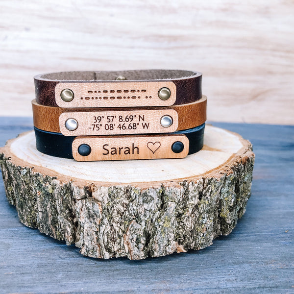 Personalized Leather Bracelet for Him -  Engraved Leather for Her - Custom Unisex Leather Cuff -  Christmas Gift - Morse Code