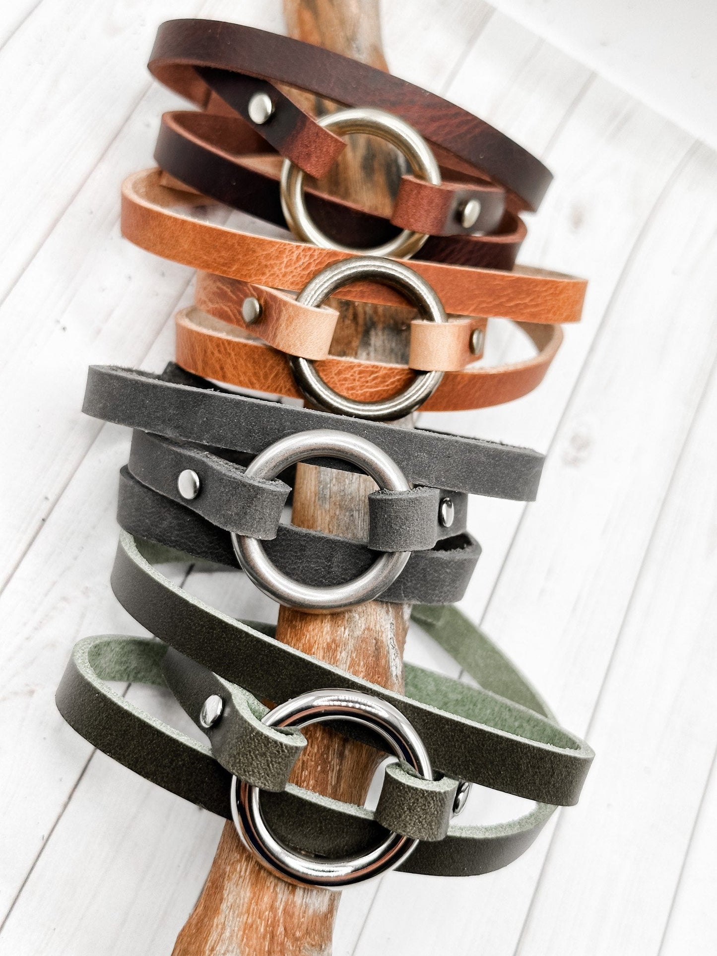 Womens Leather Bracelet Wrap | Skinny Boho Hoop Cuff | Chestnut + Antique Brass | Handmade Jewelry Personalized Gift For Her (Copy)