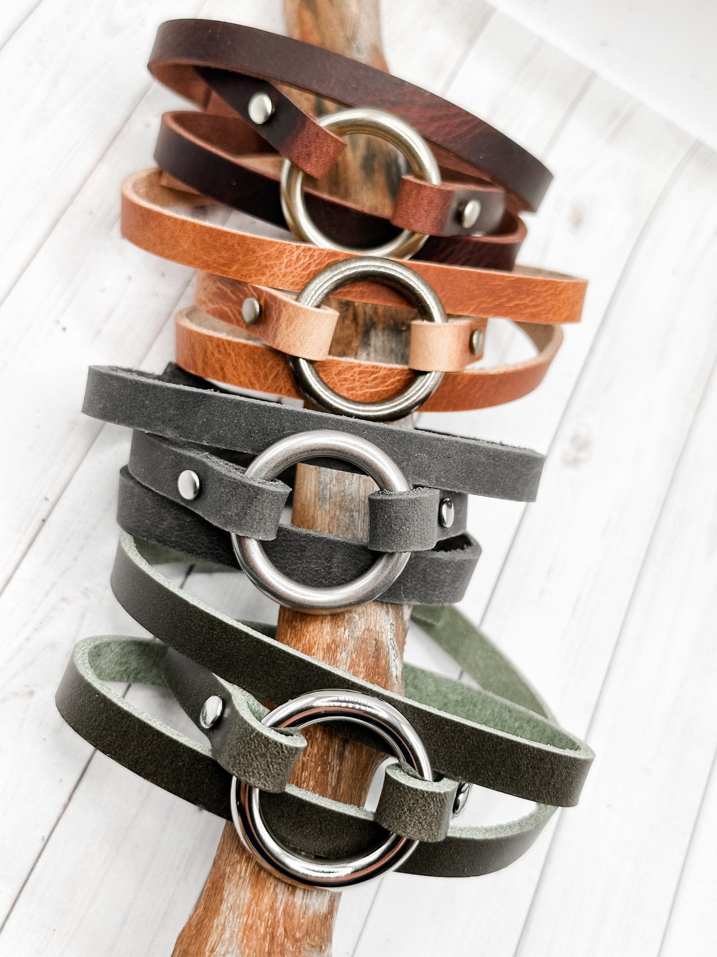 Boho Leather Wrap Bracelet Hoop Cuff Black Leather Handmade Jewelry Personalized Gift for Her Him