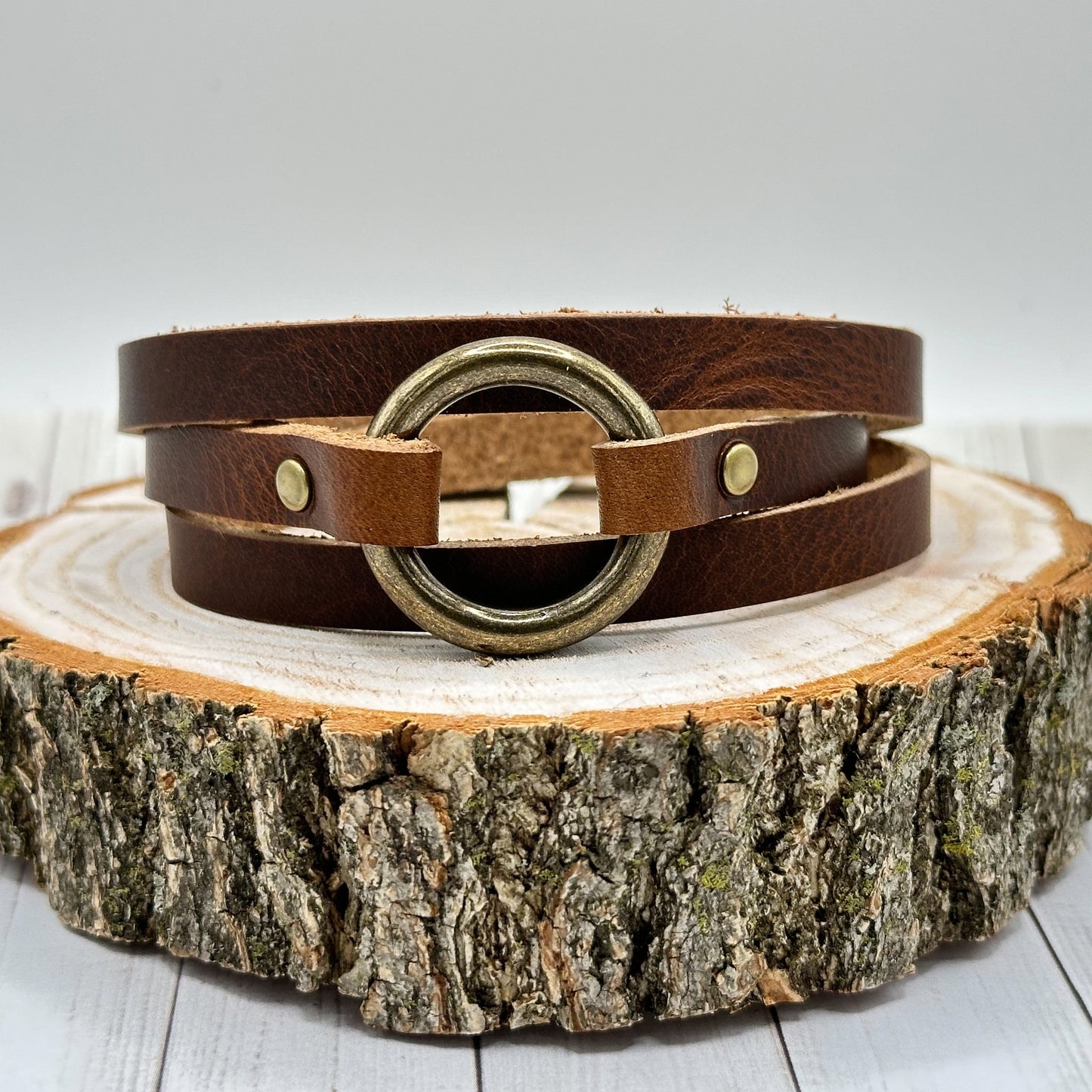 Womens Leather Bracelet Wrap | Skinny Boho Hoop Cuff | Chestnut + Antique Brass | Handmade Jewelry Personalized Gift For Her (Copy)