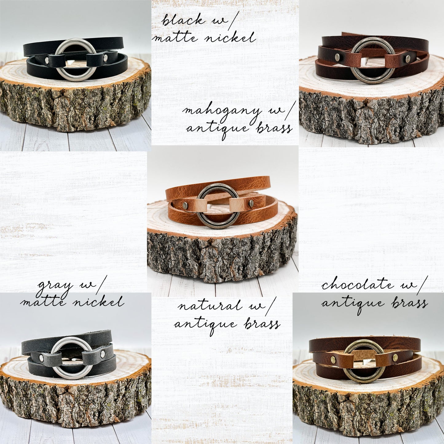 Womens Leather Bracelet Wrap | Skinny Boho Hoop Cuff | Chestnut + Antique Brass | Handmade Jewelry Personalized Gift For Her