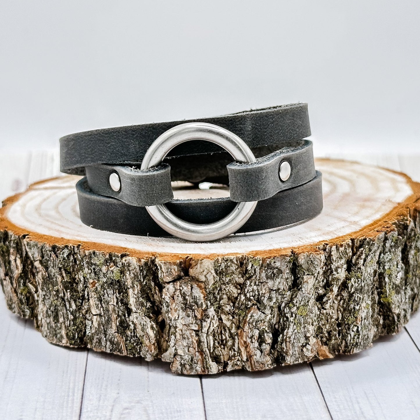 Womens Leather Bracelet Wrap | Skinny Boho Hoop Cuff | Chestnut + Antique Brass | Handmade Jewelry Personalized Gift For Her