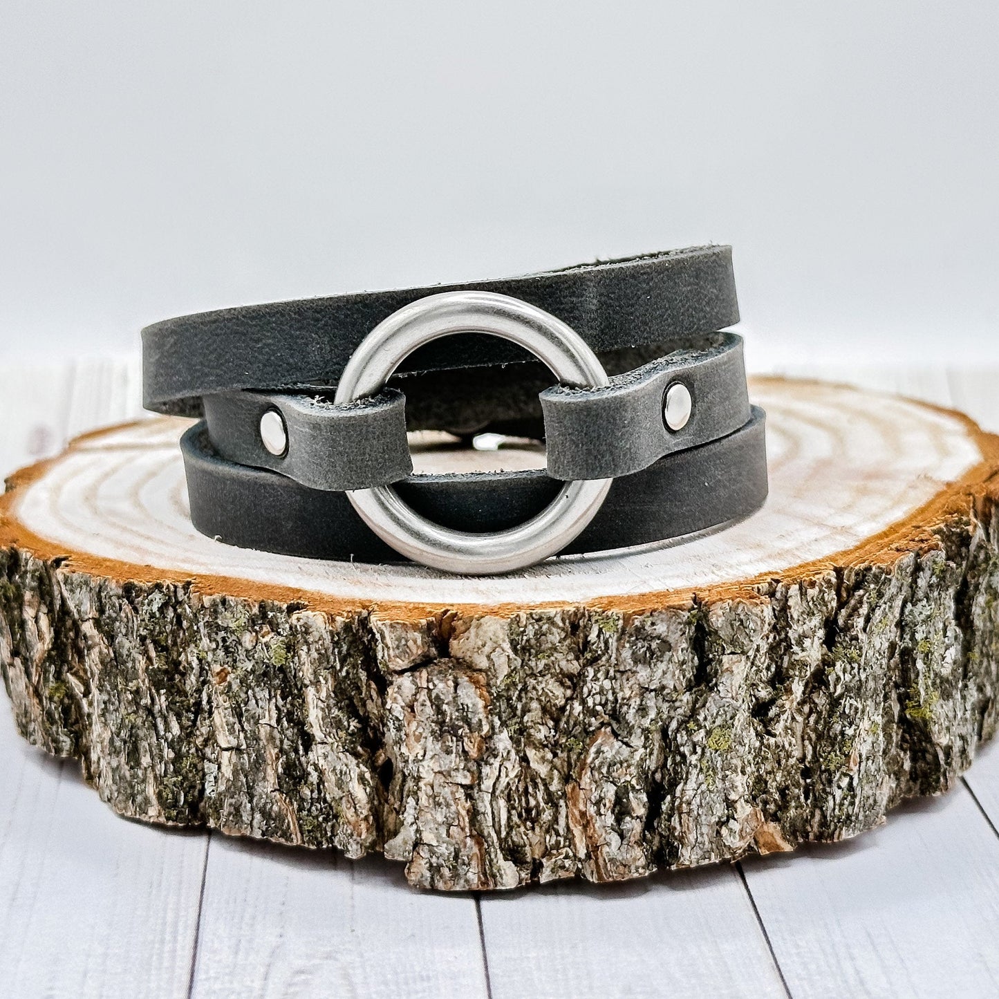 Womens Leather Bracelet Wrap | Skinny Boho Hoop Cuff | Chestnut + Antique Brass | Handmade Jewelry Personalized Gift For Her (Copy)