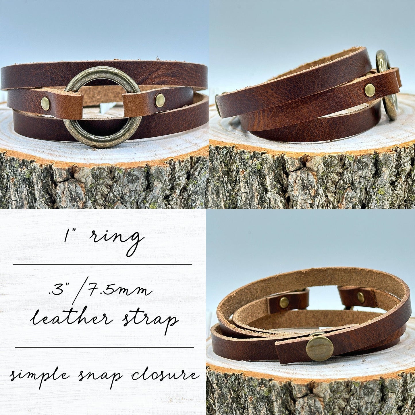 Womens Leather Bracelet Wrap | Skinny Boho Hoop Cuff | Chestnut + Antique Brass | Handmade Jewelry Personalized Gift For Her (Copy)