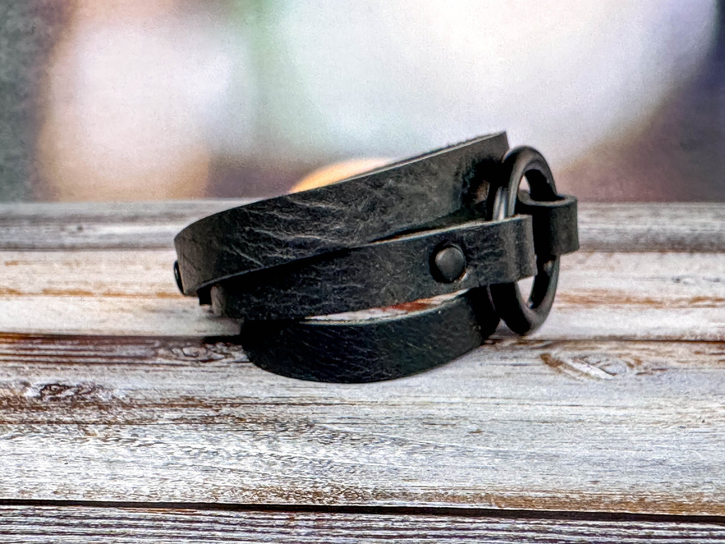 Boho Leather Wrap Bracelet Hoop Cuff Black Leather Handmade Jewelry Personalized Gift for Her Him