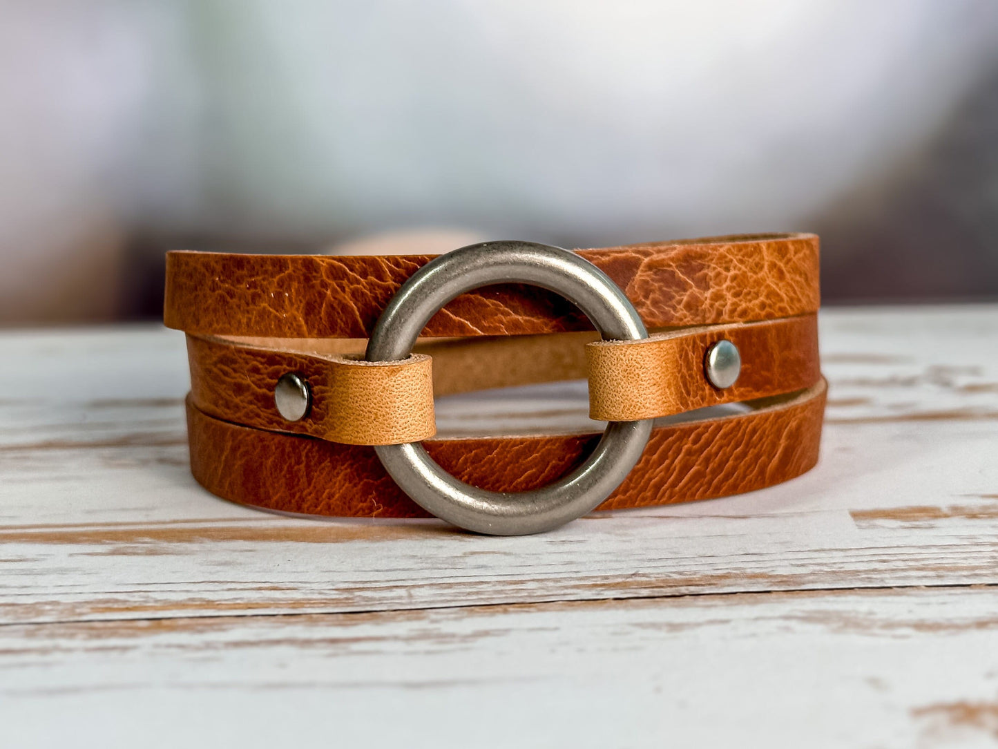 Womens Leather Bracelet Wrap | Skinny Boho Hoop Cuff | Chestnut + Antique Brass | Handmade Jewelry Personalized Gift For Her