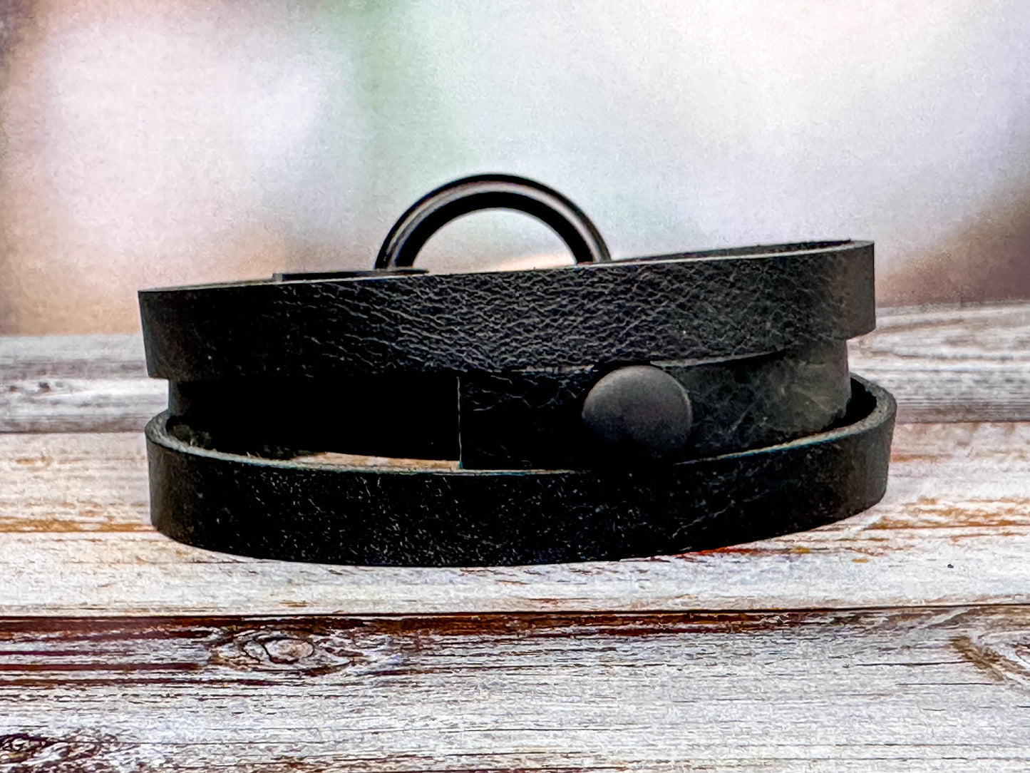 Boho Leather Wrap Bracelet Hoop Cuff Black Leather Handmade Jewelry Personalized Gift for Her Him