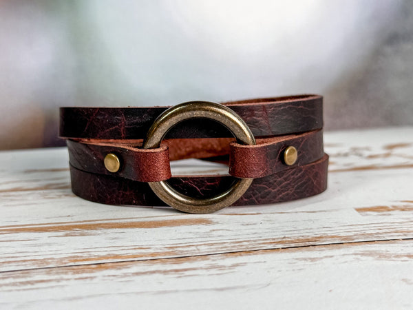 Womens Leather Bracelet Wrap | Skinny Boho Hoop Cuff | Chestnut + Antique Brass | Handmade Jewelry Personalized Gift For Her