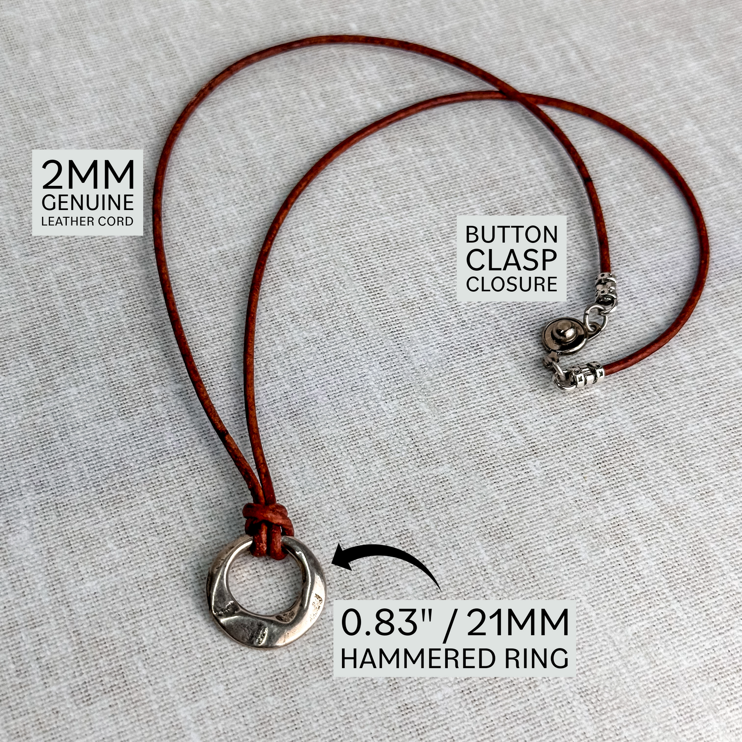 Leather Cord Pendant Necklace: Modern Hammered Silver Focal