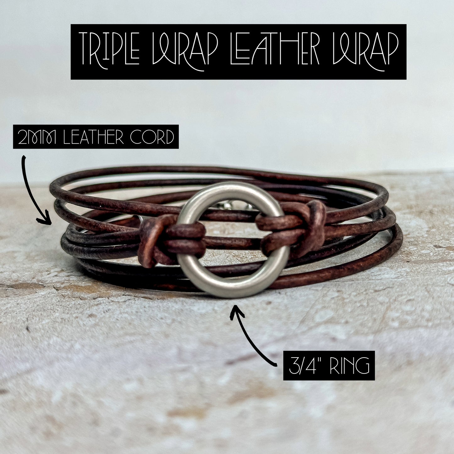Leather Triple Wrap Bracelet: Minimalist 2mm Cord + Petite Ring Custom Cuff